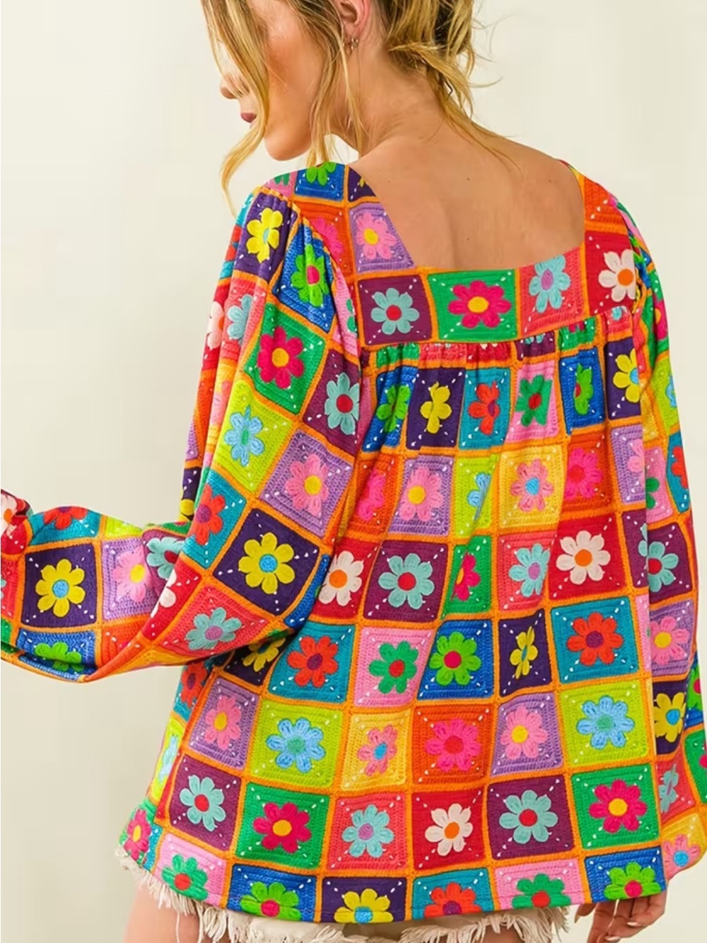 Colorful Floral Patchwork Square-Neck Blouse - Multi - Picture 4 of 6